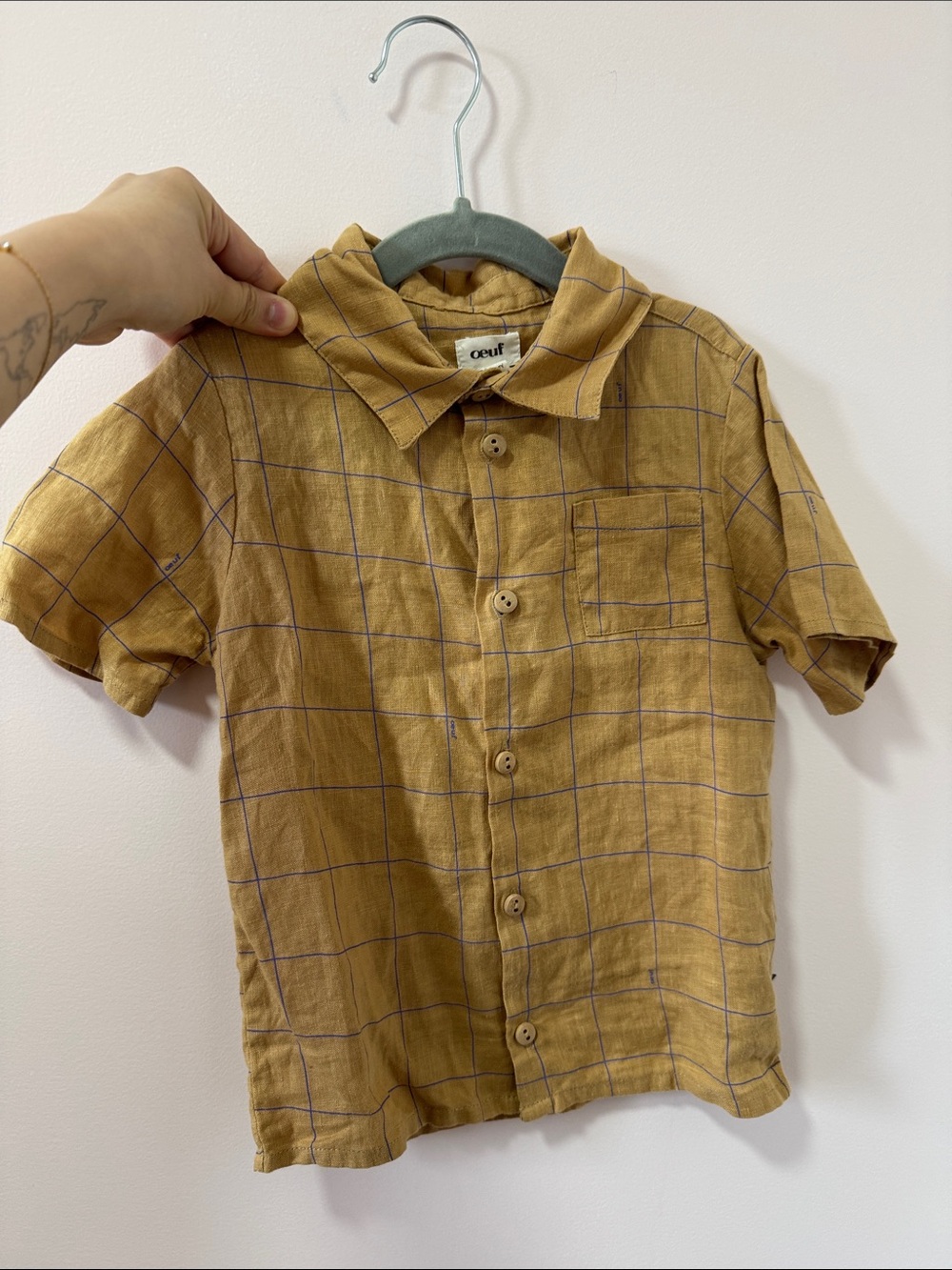 Oeuf Mustard Plaid Short Sleeve Button-Down Shirt